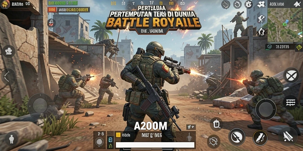 Gameplay A200M yang seru dalam pertempuran Battle Royale yang epik.