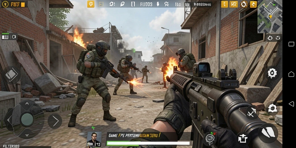 Screenshot gameplay FILTER303 menampilkan aksi tembak-menembak yang penuh ketegangan.
