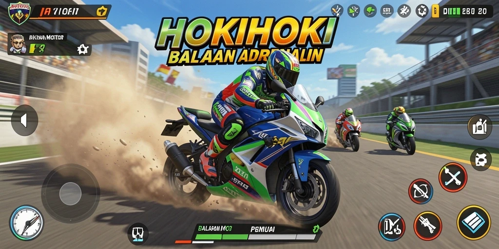 Gameplay HOKIHOKI dengan motor balap yang cepat dan trek menantang.