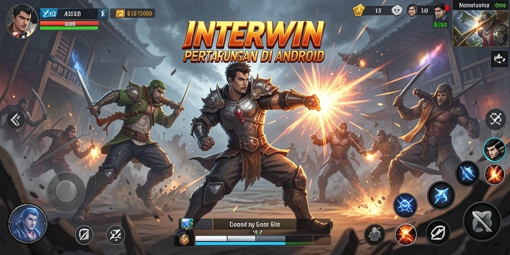 Tampilan gameplay INTERWIN dengan karakter bertarung di arena.