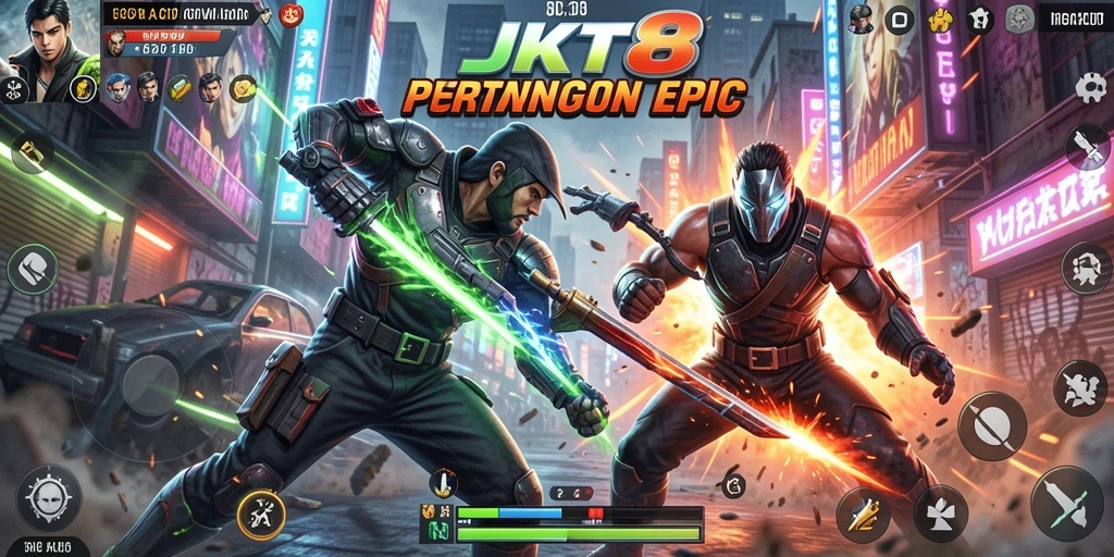 Screenshot JKT8 menampilkan aksi pertarungan yang mendebarkan dan dinamis.