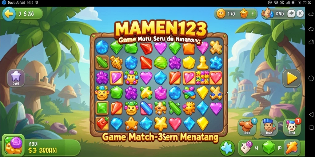 Screenshot gameplay MAMEN123 dengan tampilan level Match-3 yang menarik.