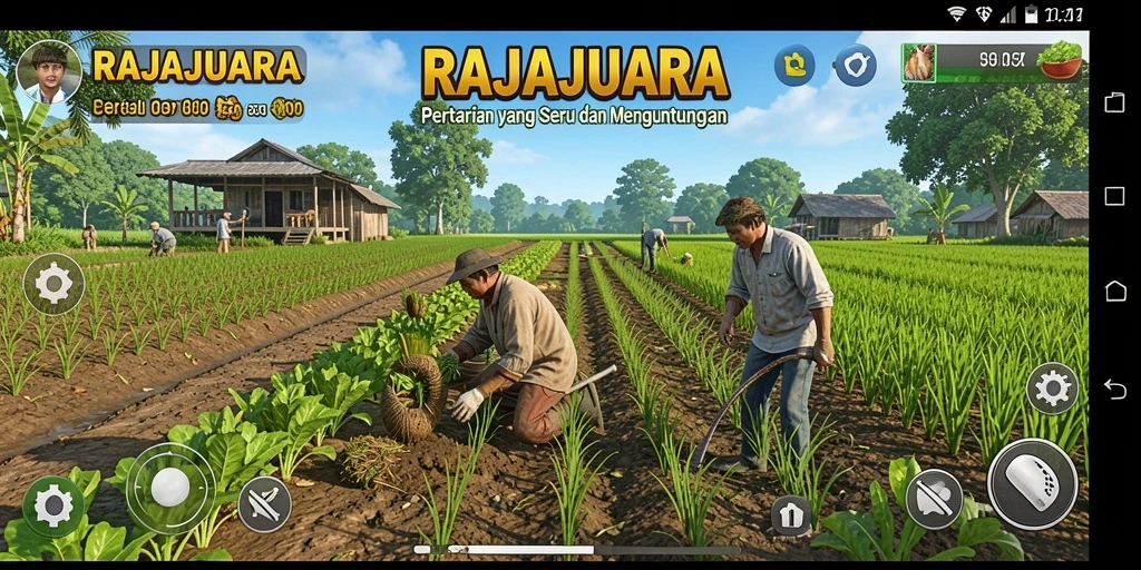 Screenshot utama RAJAJUARA menunjukkan aktivitas pertanian yang seru dan menarik.