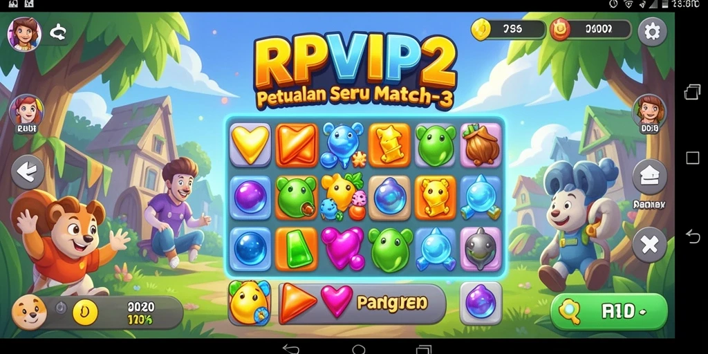 Screenshot RPVIP2 menampilkan keseruan dan warna-warna cerah dalam permainan Match-3.