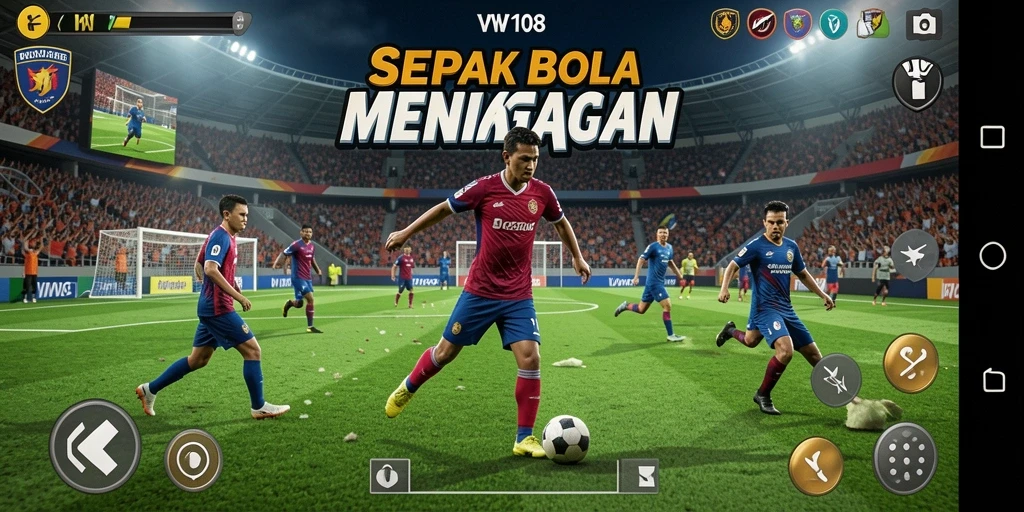 Tampilan gameplay seru dalam VW108 yang menampakkan aksi sepak bola.
